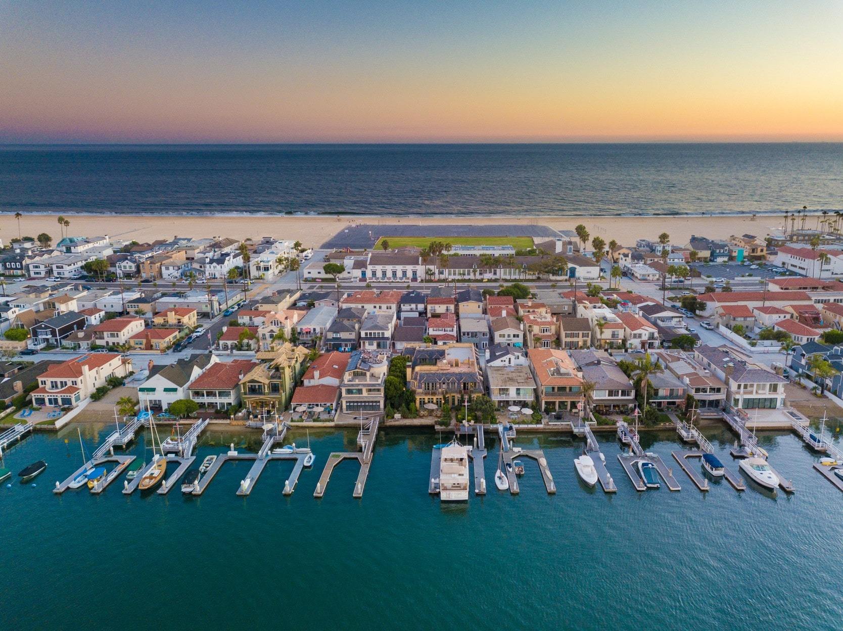 Aerial view of Balboa Peninsula and waterfront real estate in Newport Beach, California